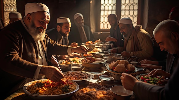 a group of men sit around a table with food and a man serving food.