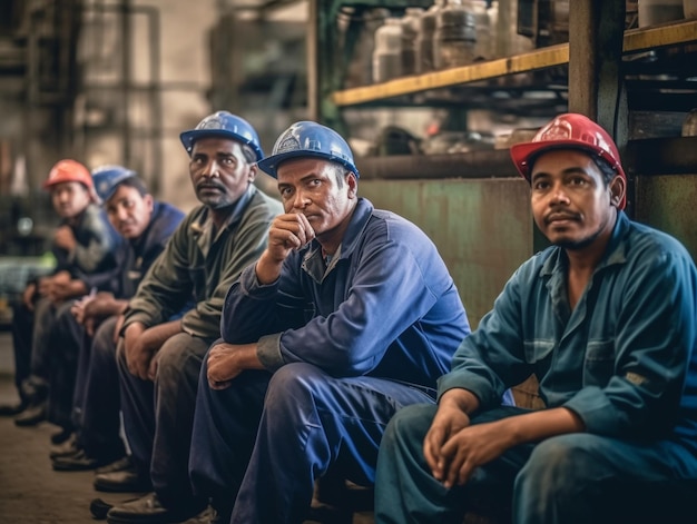 A group of men sit on a bench in front of a storage area.