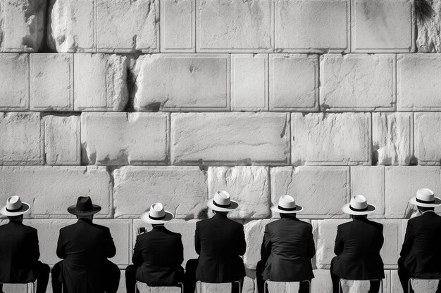 Photo a group of men sit on a stone wall one of which has a number of them on the back