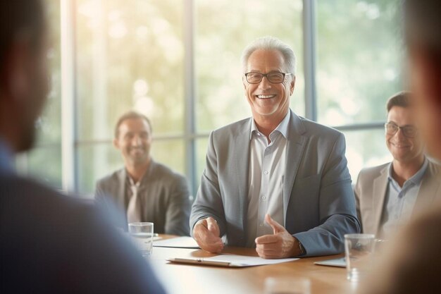 Photo a group of men sit at a table and talk with a man giving a thumbs up