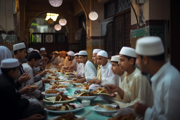 A group of men sit at a table with food and a sign that says'eid '