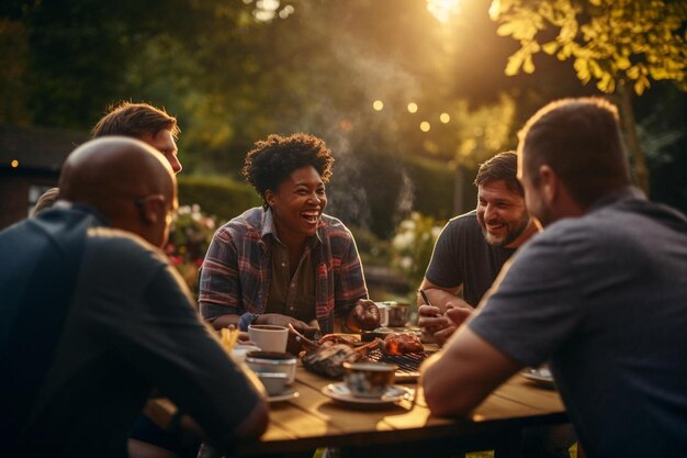 男性のグループが食事をする男性のグループと一緒にテーブルに座っています