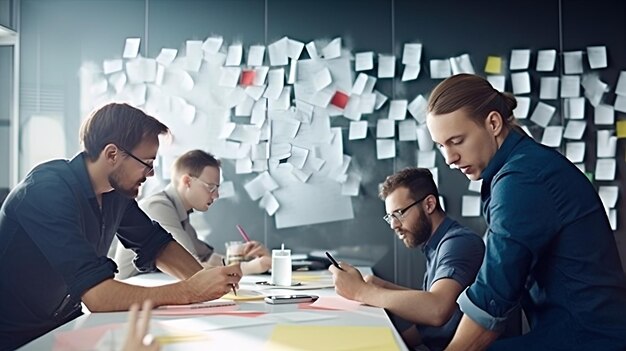 Photo a group of men sit at a table with a wall of notes on it