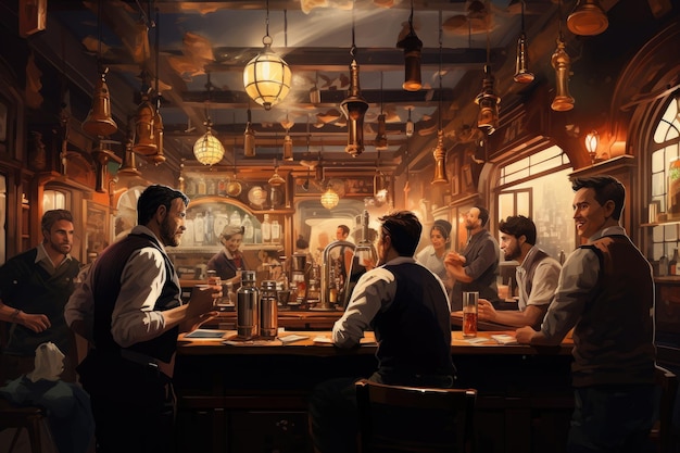 Group of men sitting at a bar counter in a pub and having a drink Concept of pub culture and drinking AI Generated