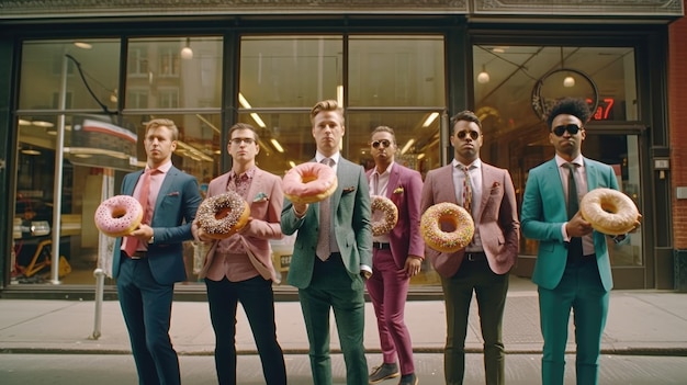 A group of men stand in front of a building that says'donuts'on it