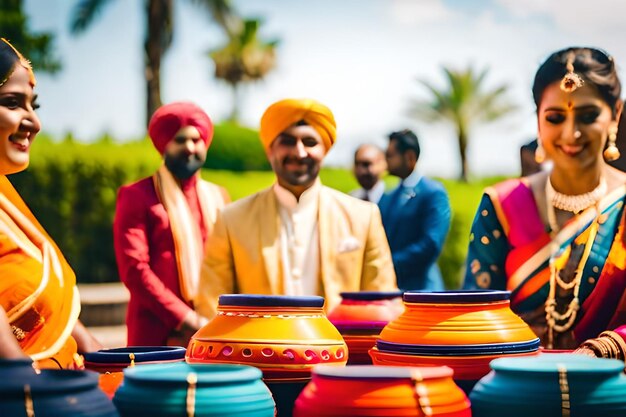 Photo a group of men stand in front of colorful pottery