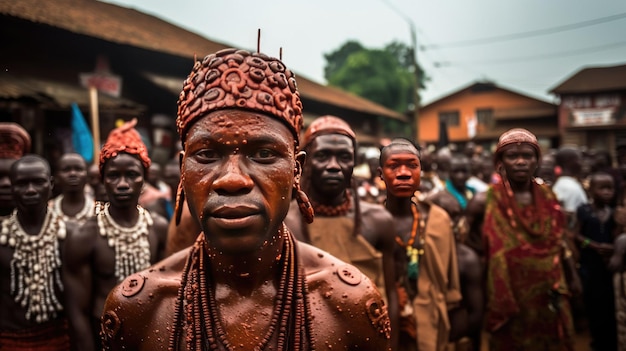 a group of men stand in front of a crowd of people.