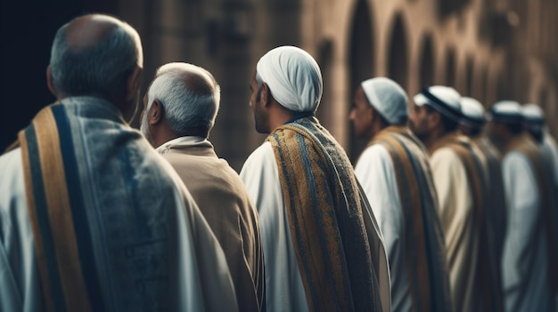 A group of men stand in a line in a church, one of them is wearing a white cap.