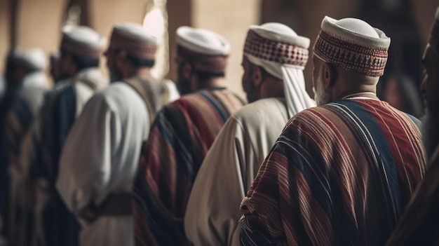 A group of men stand in a line, one of them is wearing a hat and the other is wearing a white and red striped scarf.