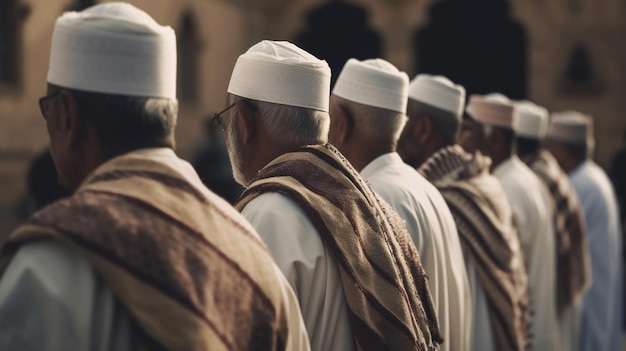 Foto un gruppo di uomini sta in fila, uno indossa un cappello bianco e l'altro indossa un cappello bianco.