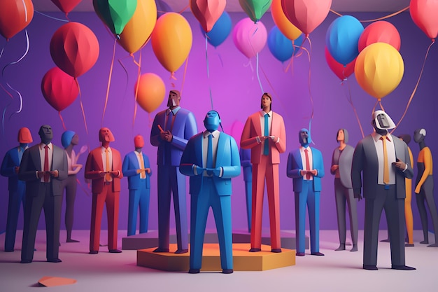 Группа мужчин стоит на подиуме с воздушными шарами на заднем плане.