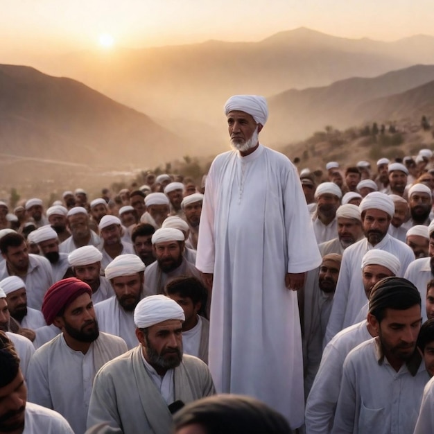 Photo a group of men stand together in a field with mountains in the background