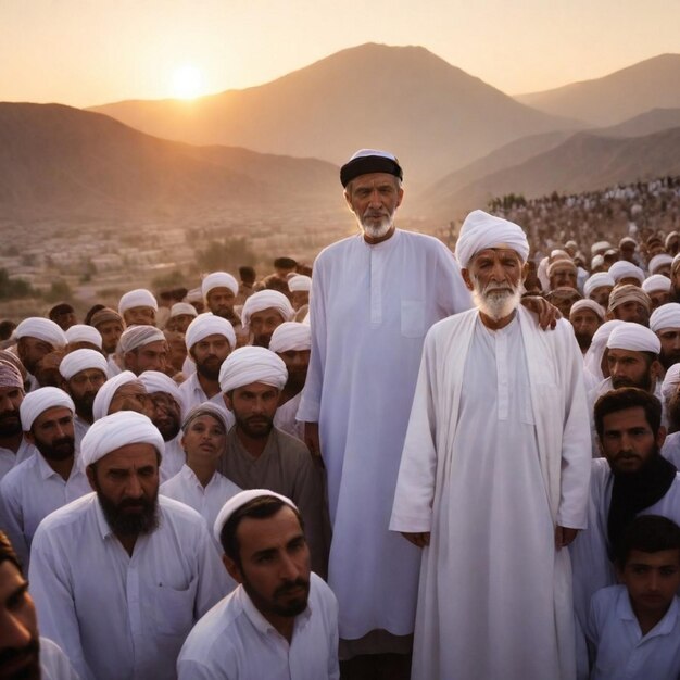 Photo a group of men stand together with the sun setting behind them