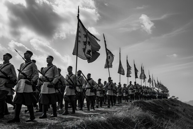 A group of men standing next to each other holding flags