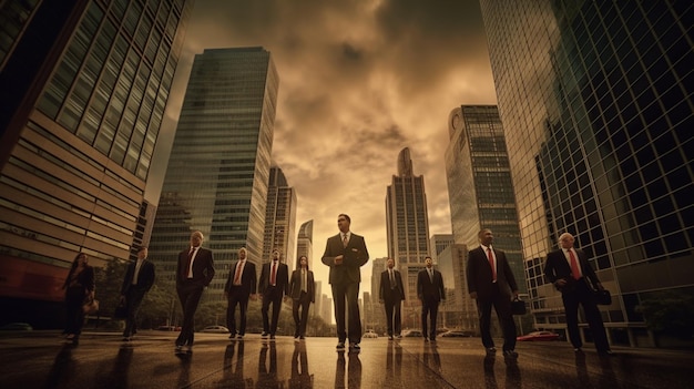 A group of men in suits stand in front of a cityscape.