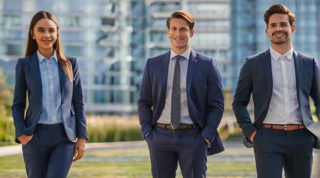 a group of men in suits and ties are standing in a field