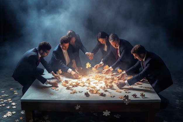 A group of men in suits and ties around a table with puzzle pieces