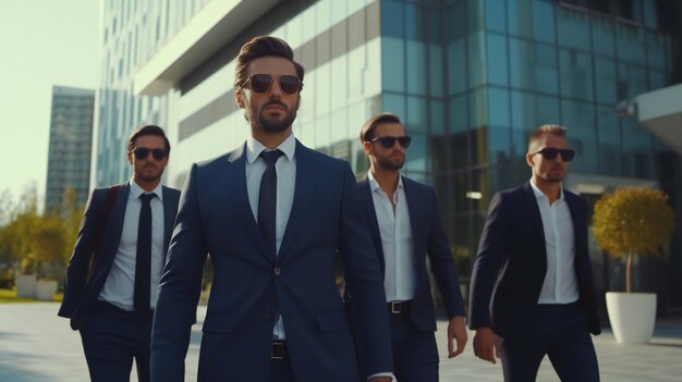 A group of men in suits walk in front of a building