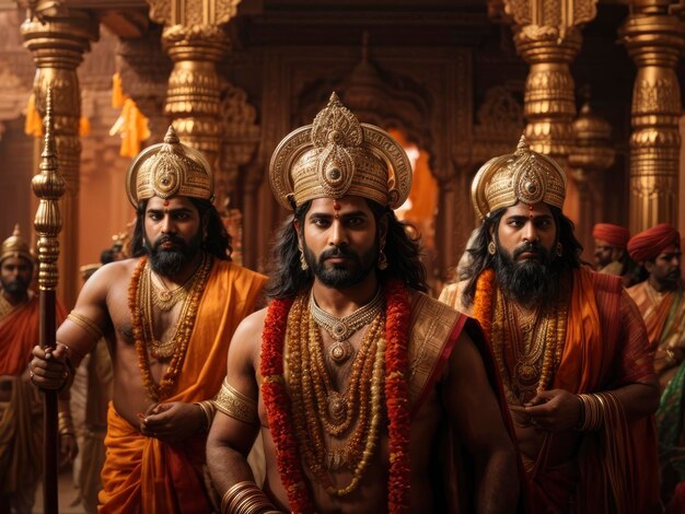 a group of men in a temple with gold and red robes and headdreks