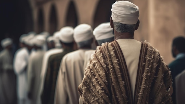 A group of men in traditional clothing walk in a line.