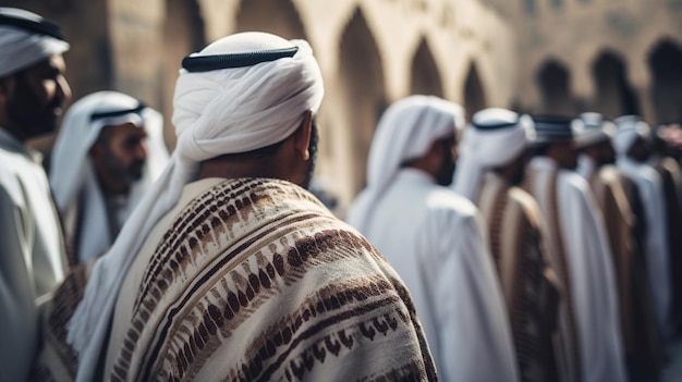 A group of men in traditional white turbans stand in a courtyard in the old city of jeddah.