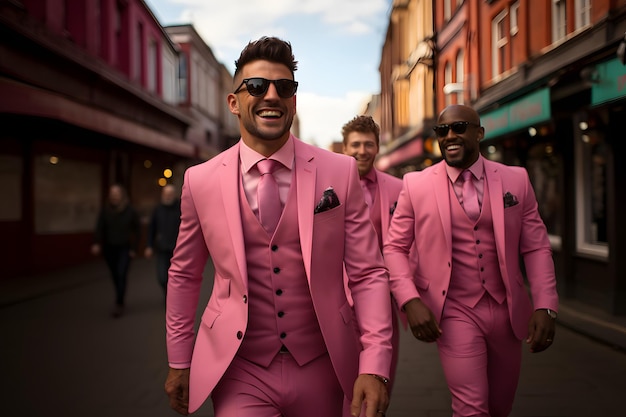 group of men walk around wear pink suit