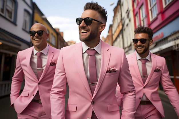 group of men walk around wear pink suit