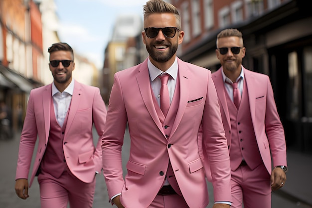 한 무리의 남자들이 분홍색 슈트를 입고 돌아다니고 있습니다.