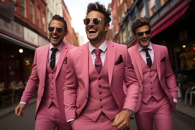 group of men walk around wear pink suit