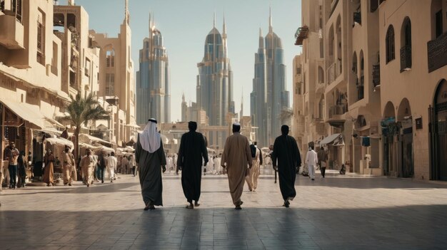 Group of Men Walking Along Tall Buildings in Urban Setting