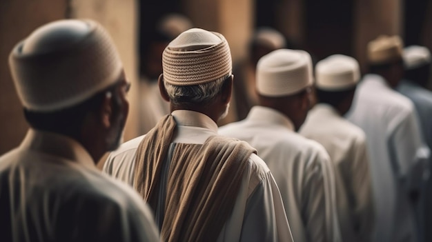 A group of men walking down a street, one of them has a white hat on.