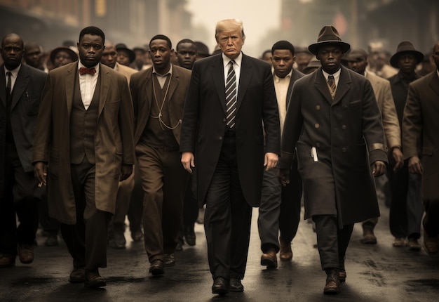 Foto gruppo di uomini che camminano per una strada urbana.