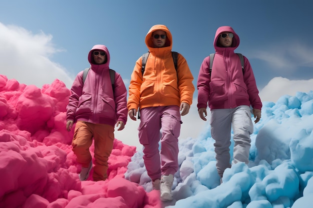 группа мужчин в красочных куртках и сумках на горе