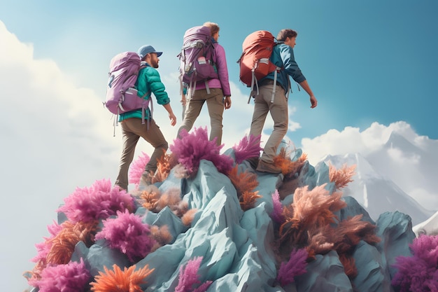 group of men wear colorful jacket and bag at the mountain