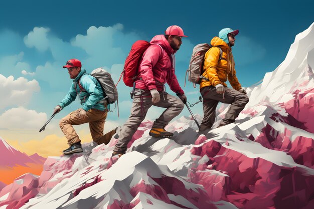 group of men wear colorful jacket and bag at the mountain