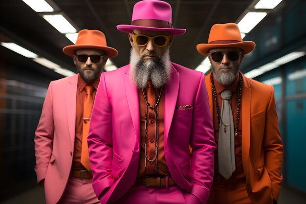 group of men wear colorful suit