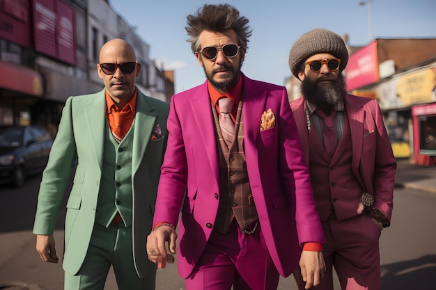 a group of men wear colorful suit