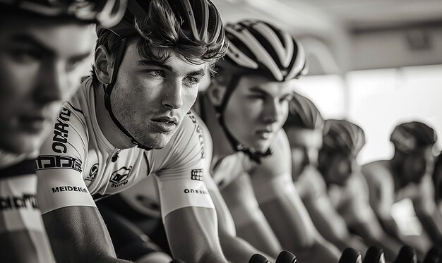 a group of men wearing bicyclists are sitting in a row