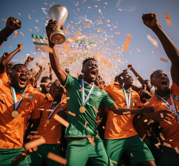 a group of men wearing green jerseys with gold medals around their neck are celebrating