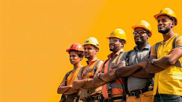 Photo a group of men wearing hard hats stand in front of a yellow background