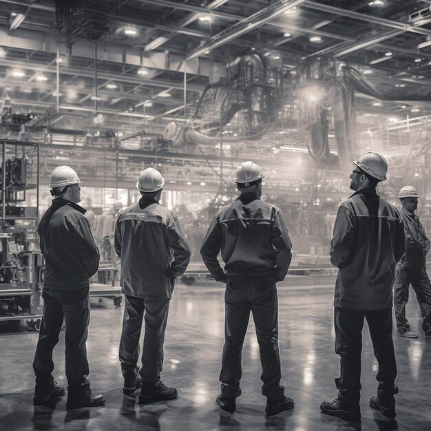 A group of men wearing hard hats stand in a warehouse.