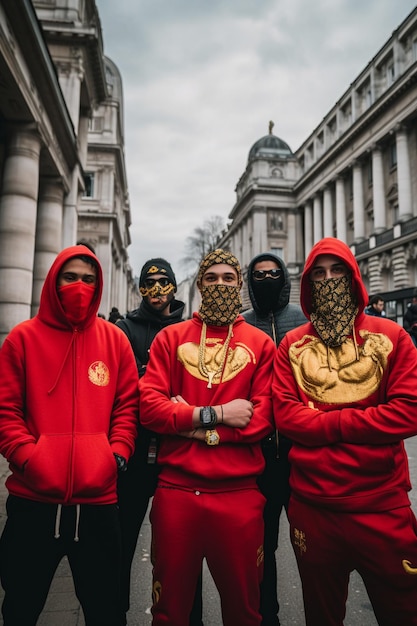 a group of men wearing red hoodies and masks stand in front of a building.