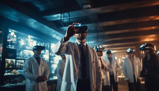 Photo a group of men wearing virtual reality glasses with the words  test  on the screen