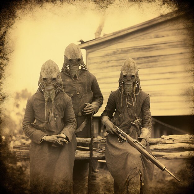 a group of men with long hair wearing masks with the word " on it ".