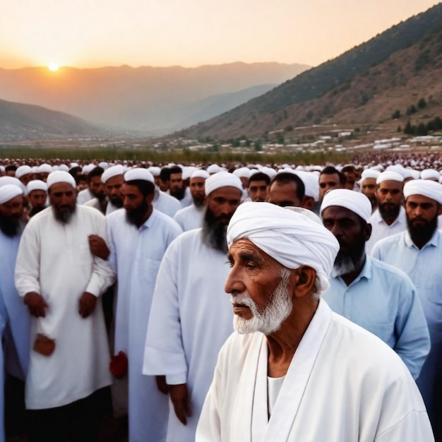 Photo a group of men with white turbans are standing in a line