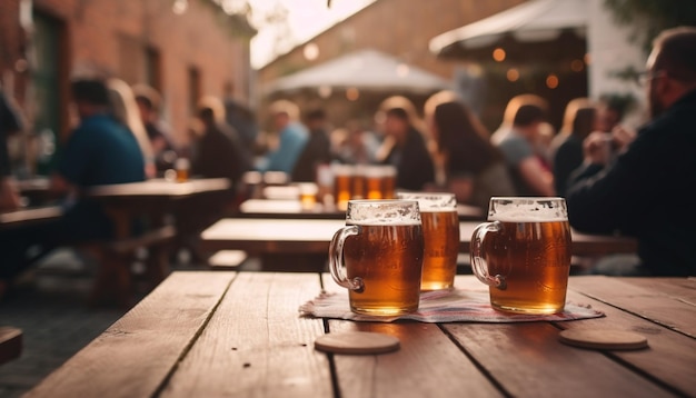 Group of men and women drinking beer at outdoor bar generated by AI