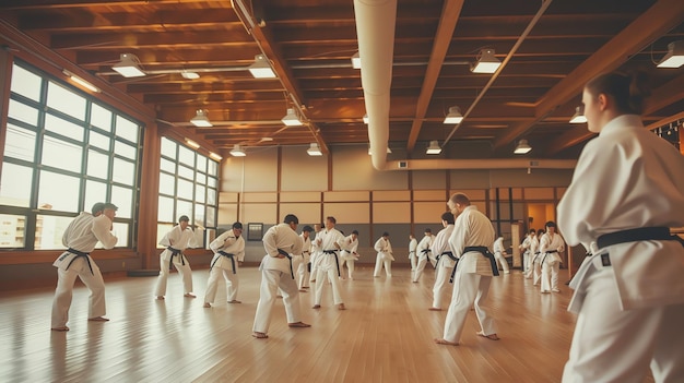 Photo a group of men and women of various ages are practicing karate in a dojo they are all wearing white uniforms and are barefoot