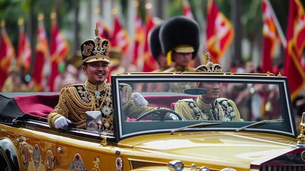 Photo a group of men in a yellow car with the word royal on the side