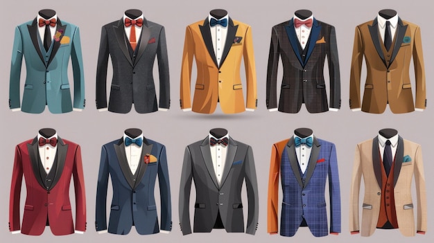 A group of mens tuxedos in different colors are displayed showcasing a range of formal attire option
