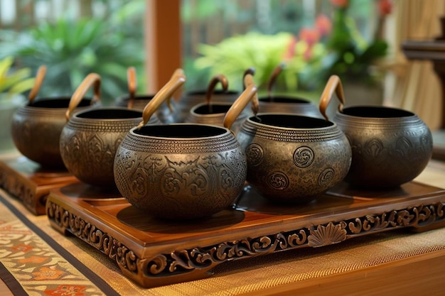 a group of metal pots sitting on top of a wooden tray